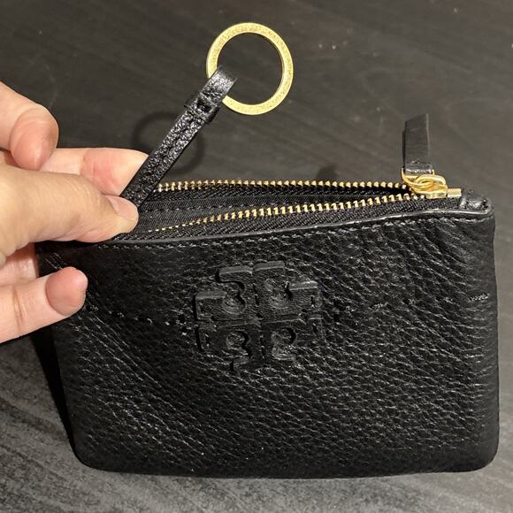 Tory Burch Black Pebbled Leather Card Case Key Ring Coin Pouch Wallet 3.5”x5.5” - Picture 5 of 8